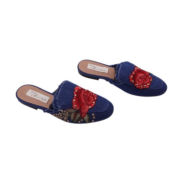 NIB Vintage Havana Denim Floral Embroidery Mule Slides Flats Sz 7 Blue Coquette - Picture 1 of 5